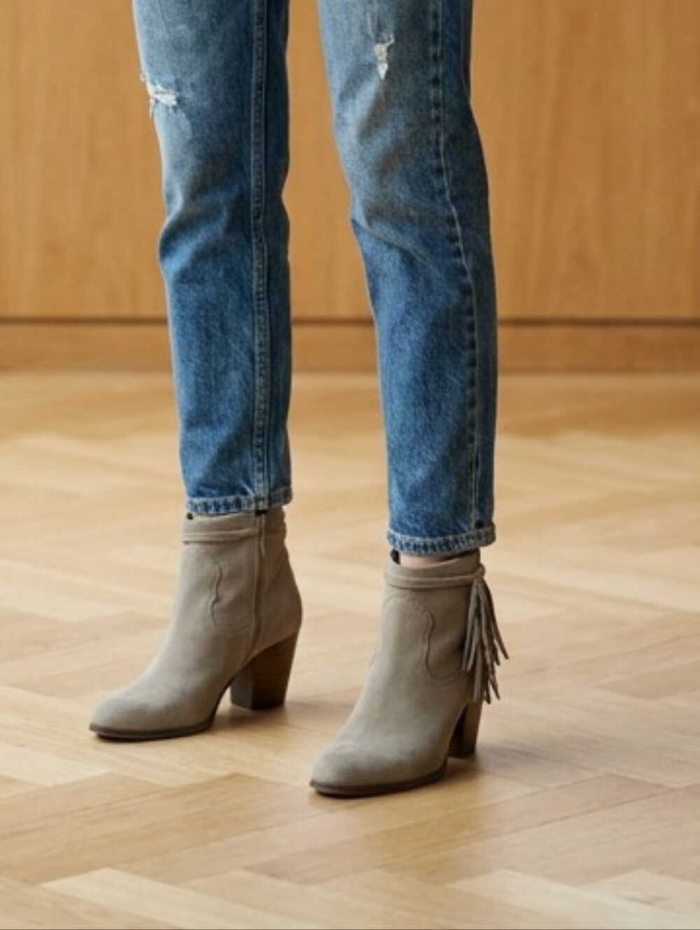Sam Edleman Suede Ankle Booties Fringe Western Festival Boho Block Heel Grey